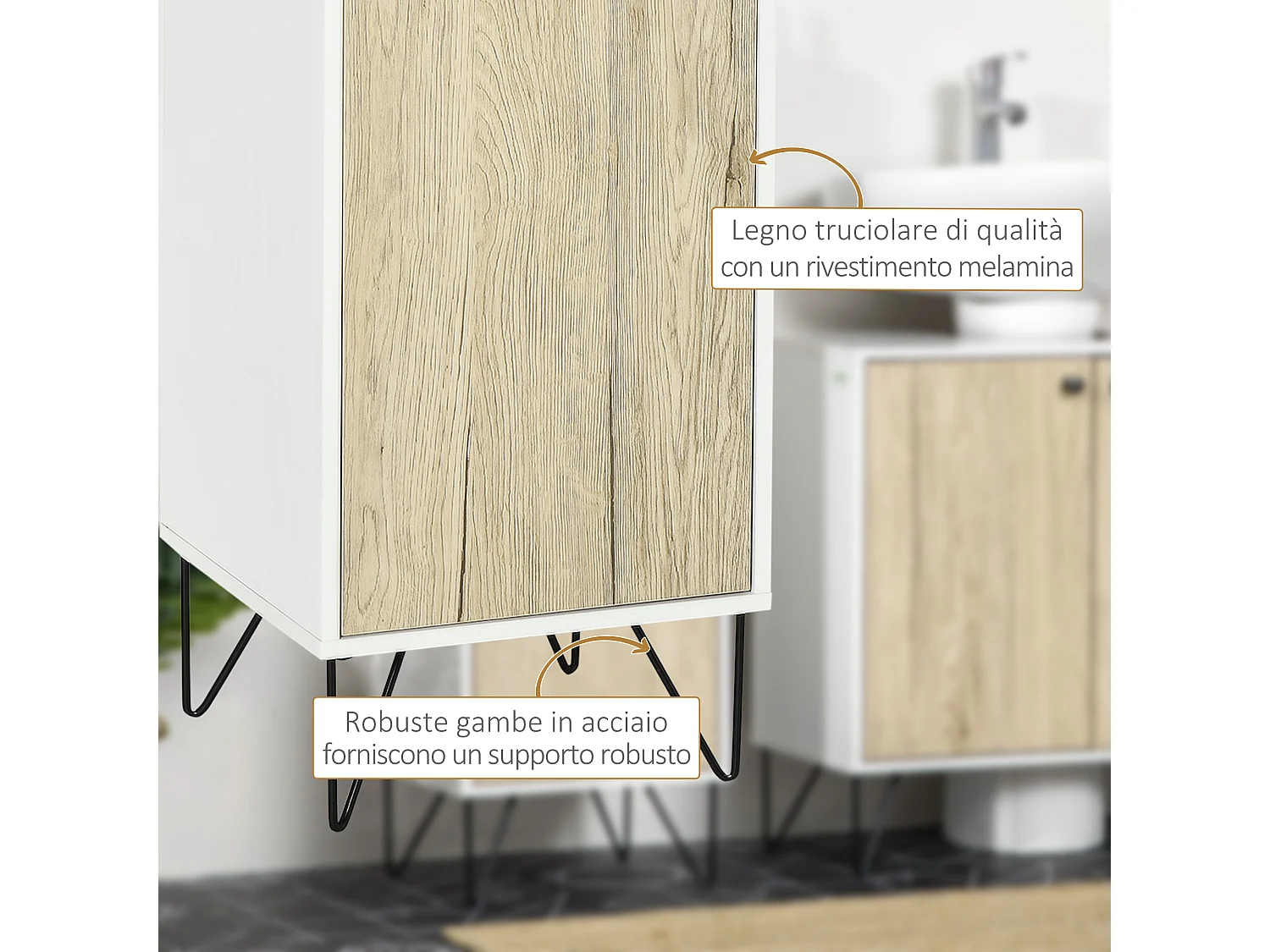 Mobiletto bagno in legno con ripiano e armadietto con anta