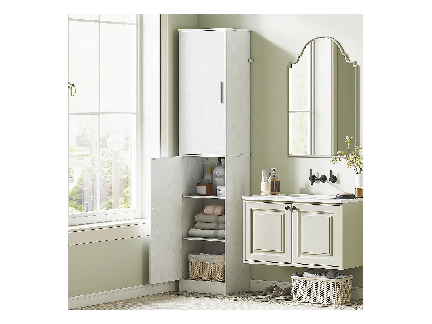 Mobile colonna bagno a 2 armadietti con 6 ripiani regolabili bianco