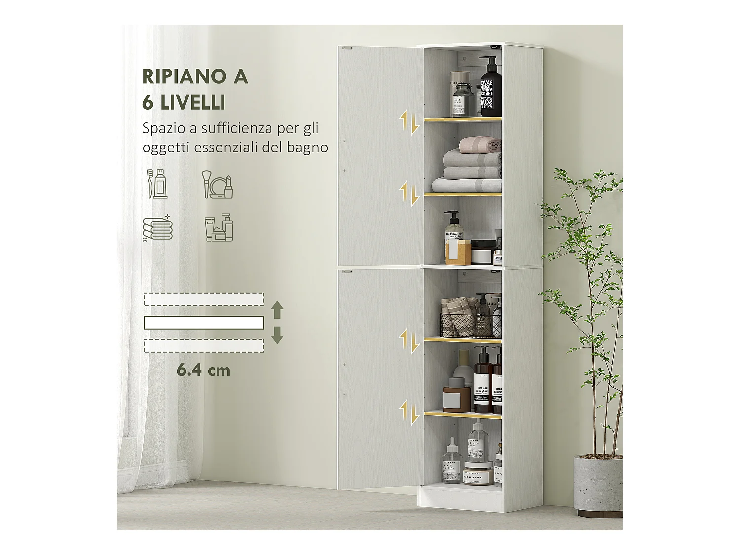 Mobile colonna bagno a 2 armadietti con 6 ripiani regolabili bianco