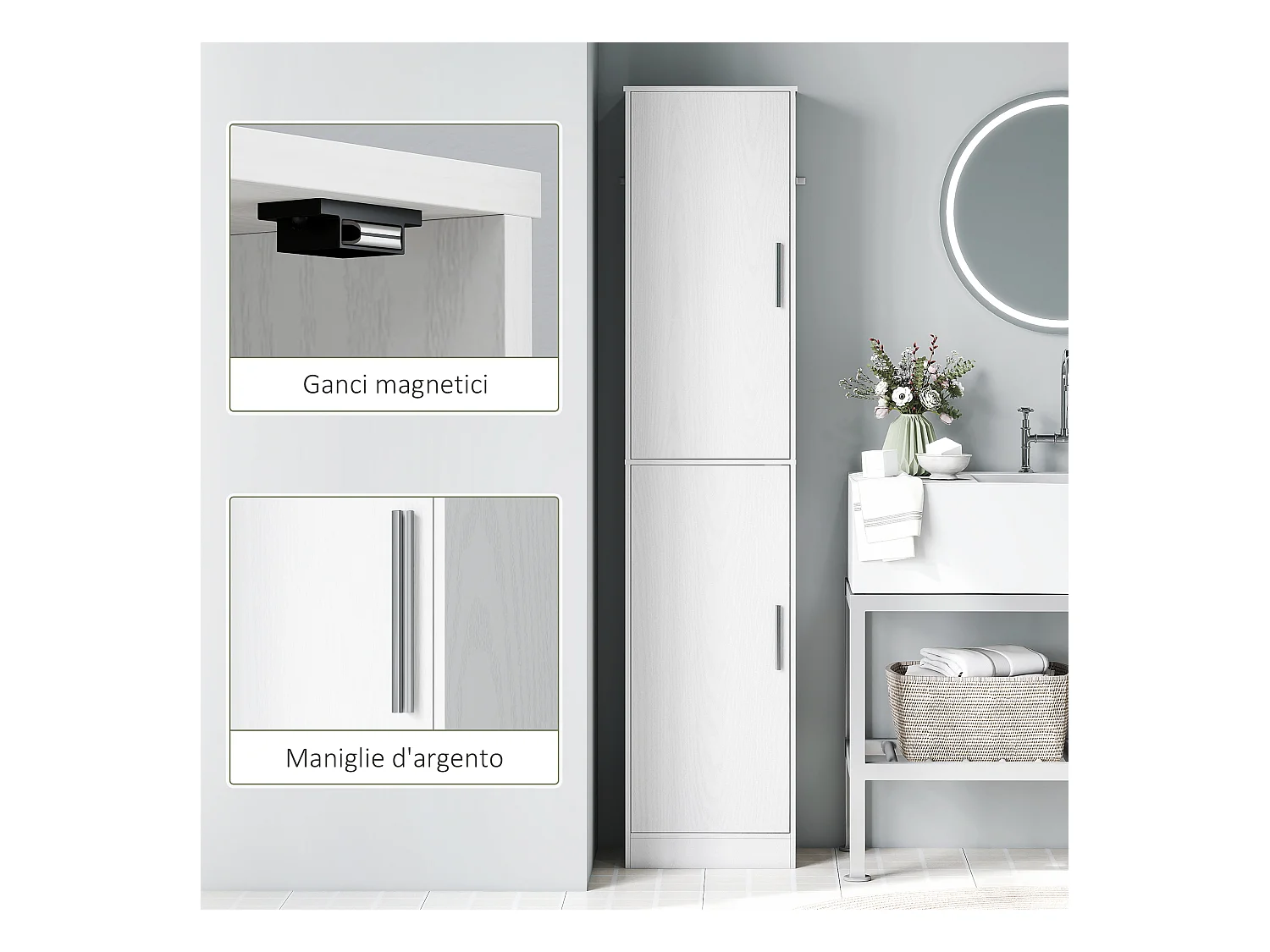 Mobile colonna bagno a 2 armadietti con 6 ripiani regolabili bianco