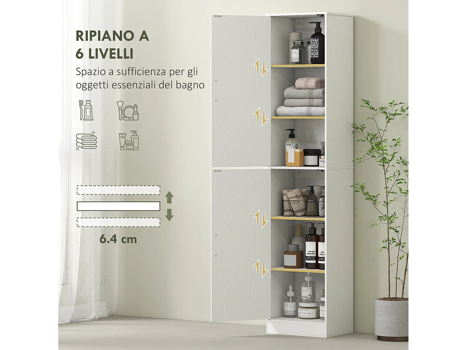 Mobile colonna bagno a 2 armadietti con 6 ripiani regolabili bianco