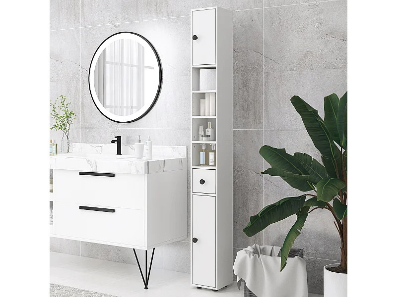 Colonna Bagno con cassetto, 2 armadietti e 4 ripiani aperti bianco