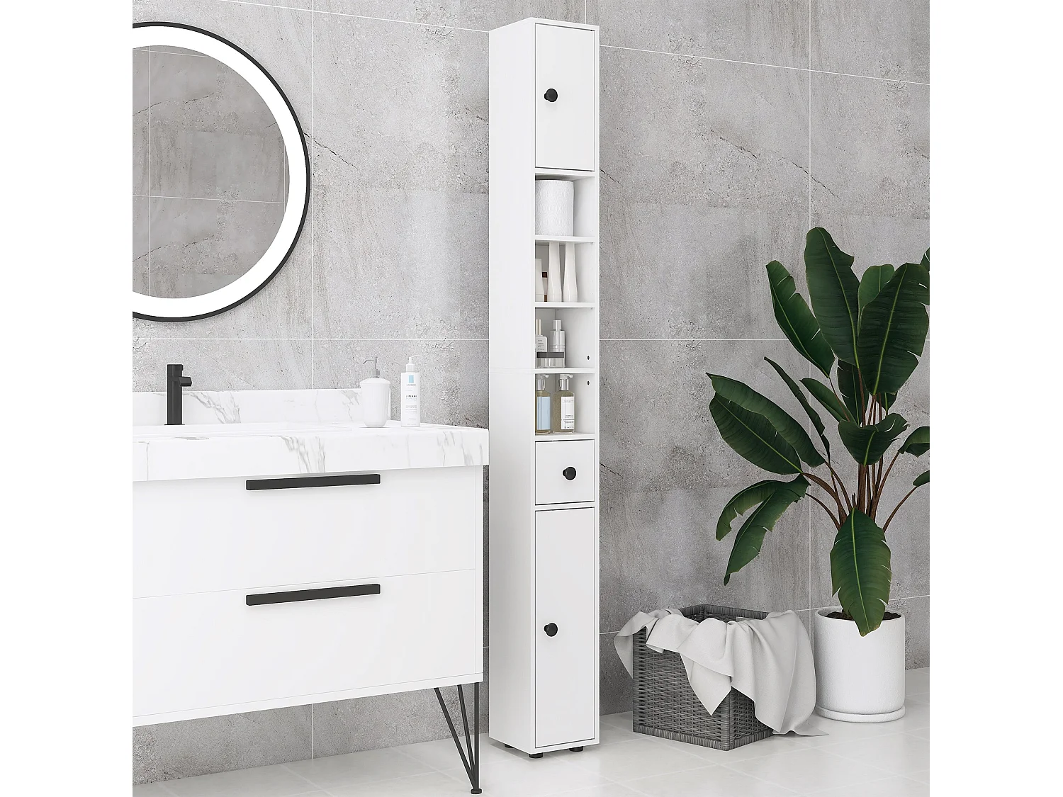 Colonna Bagno con cassetto, 2 armadietti e 4 ripiani aperti bianco