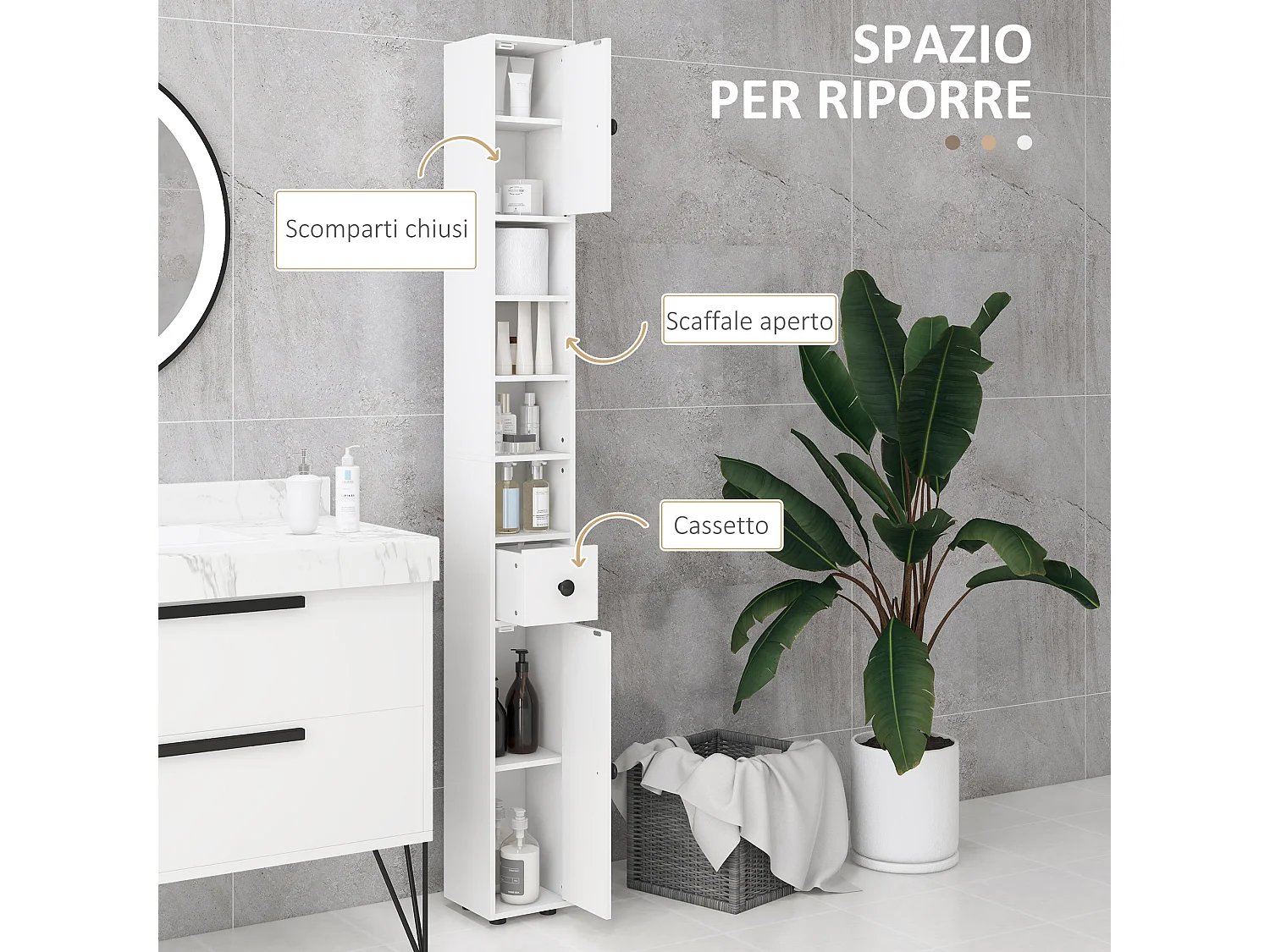 Colonna Bagno con cassetto, 2 armadietti e 4 ripiani aperti bianco