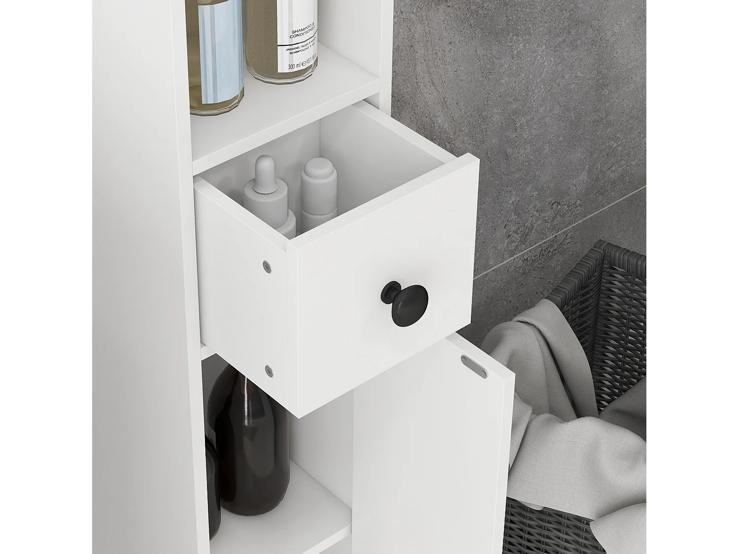 Colonna Bagno con cassetto, 2 armadietti e 4 ripiani aperti bianco
