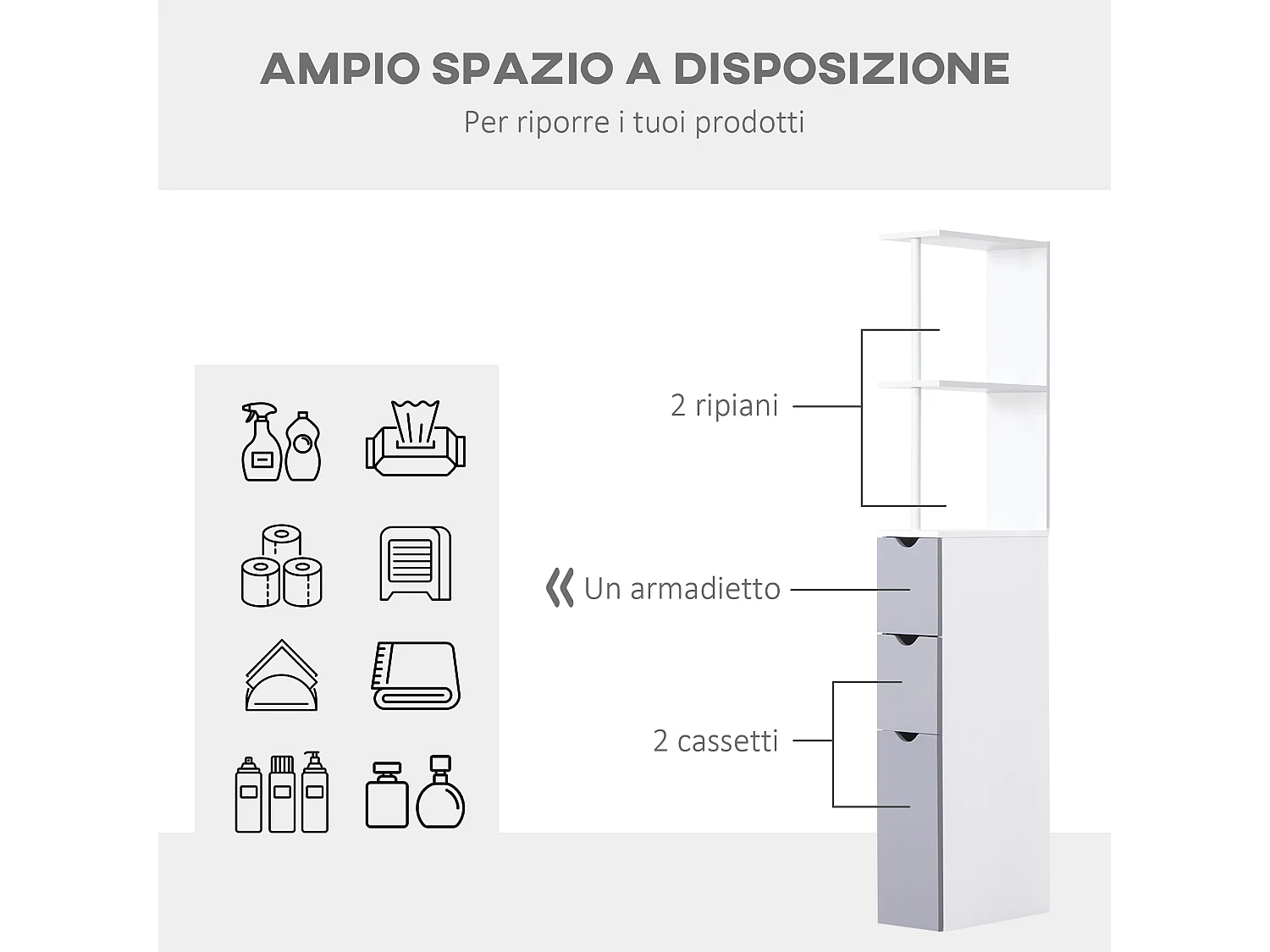 Mobiletto a colonna da bagno salvaspazio in legno bianco e grigio