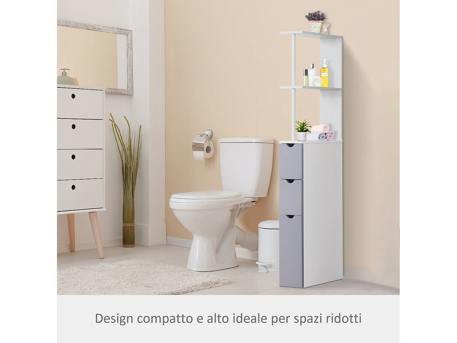Mobiletto a colonna da bagno salvaspazio in legno bianco e grigio