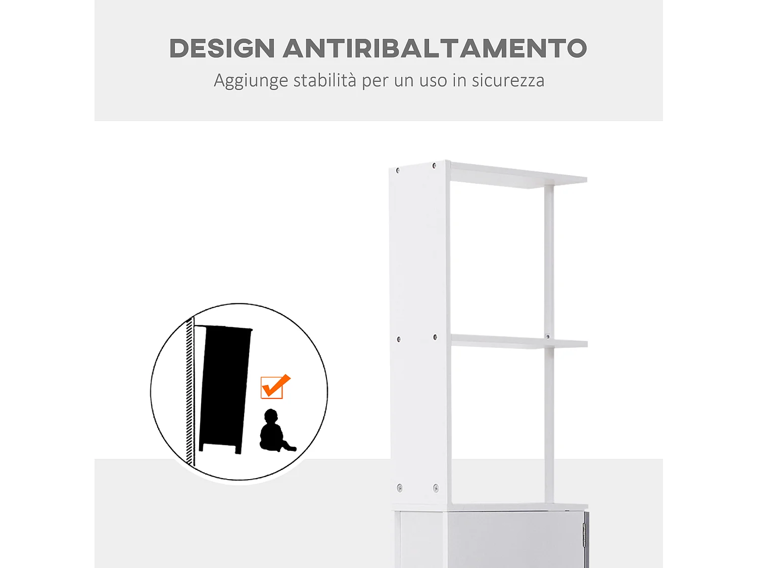 Mobiletto a colonna da bagno salvaspazio in legno bianco e grigio