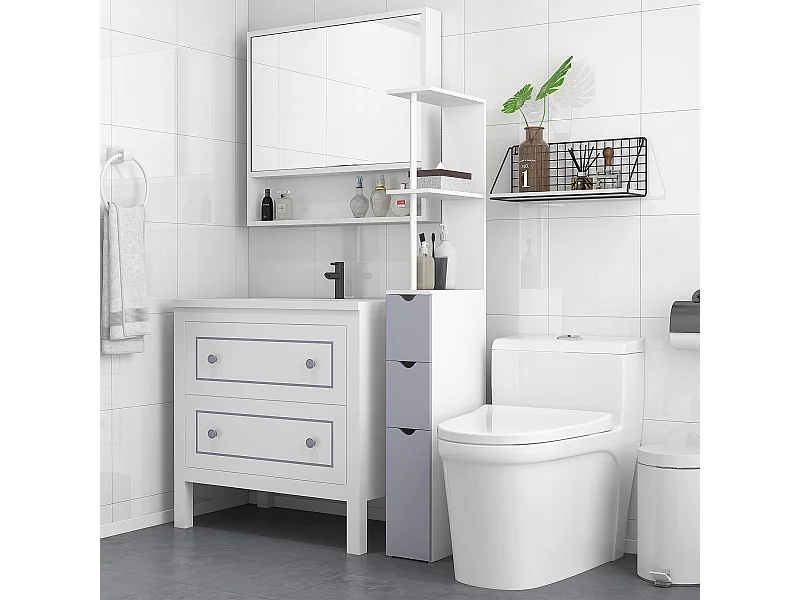 Mobiletto a colonna da bagno salvaspazio in legno bianco e grigio