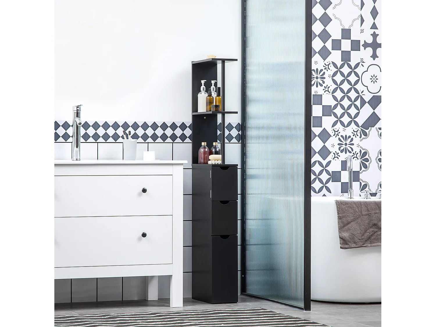 Colonna bagno salvaspazio con ripiani armadietto e cassetti