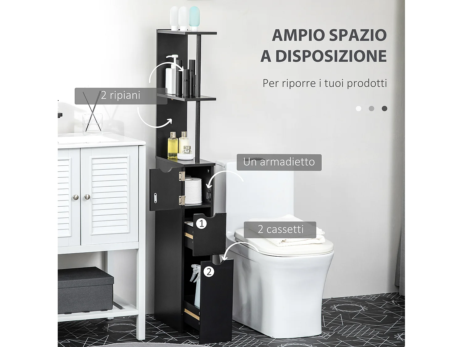 Colonna bagno salvaspazio con ripiani armadietto e cassetti