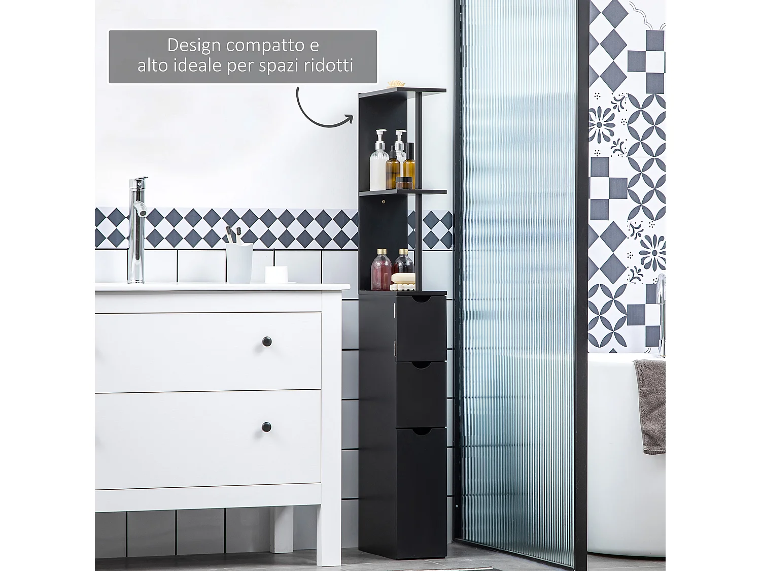 Colonna bagno salvaspazio con ripiani armadietto e cassetti