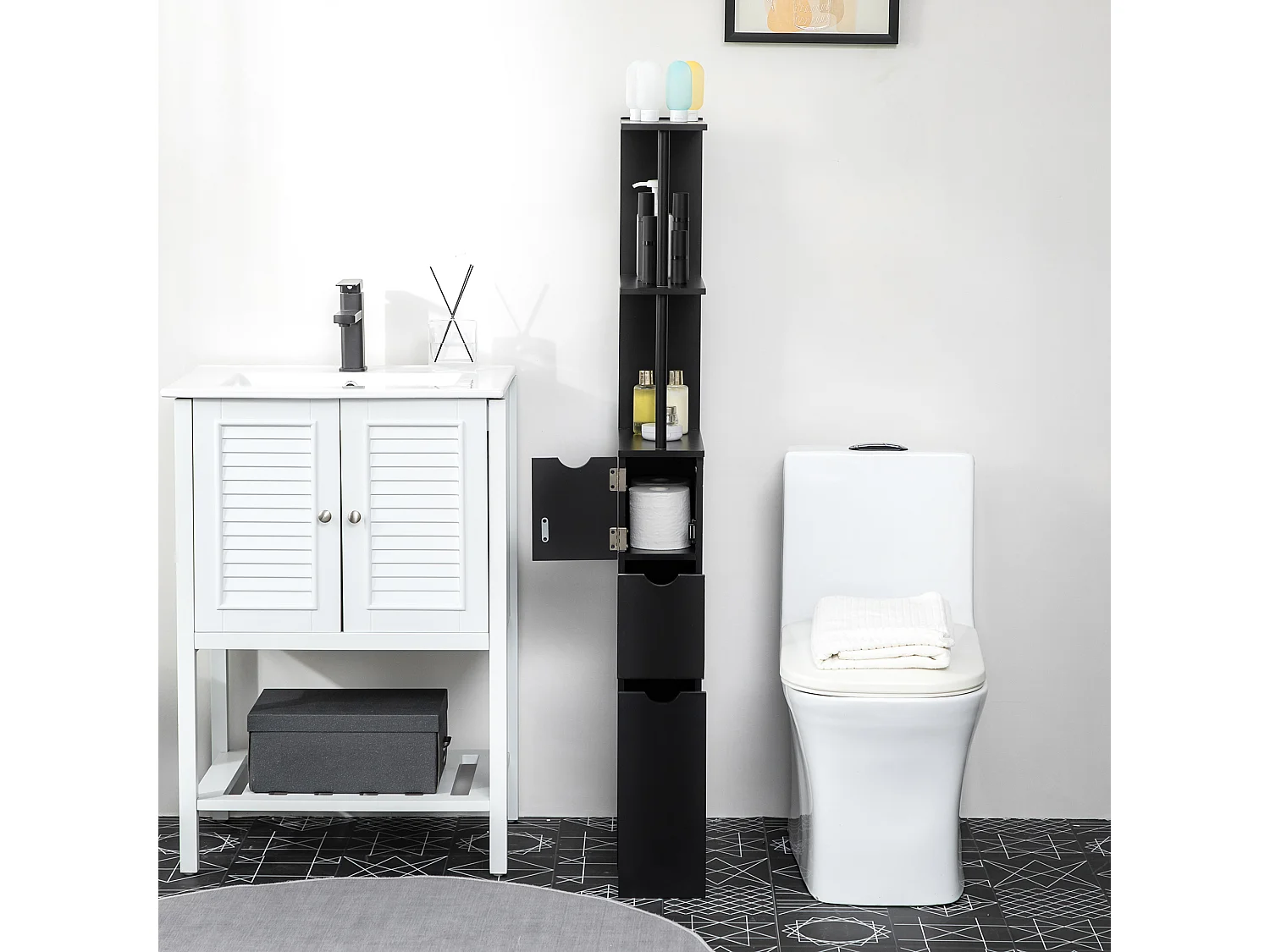 Colonna bagno salvaspazio con ripiani armadietto e cassetti