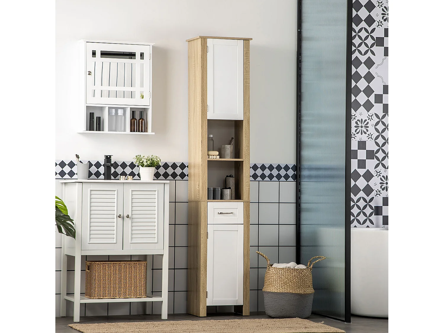 Mobile bagno alto con cassetto 2 armadietti 2 ripiani aperti