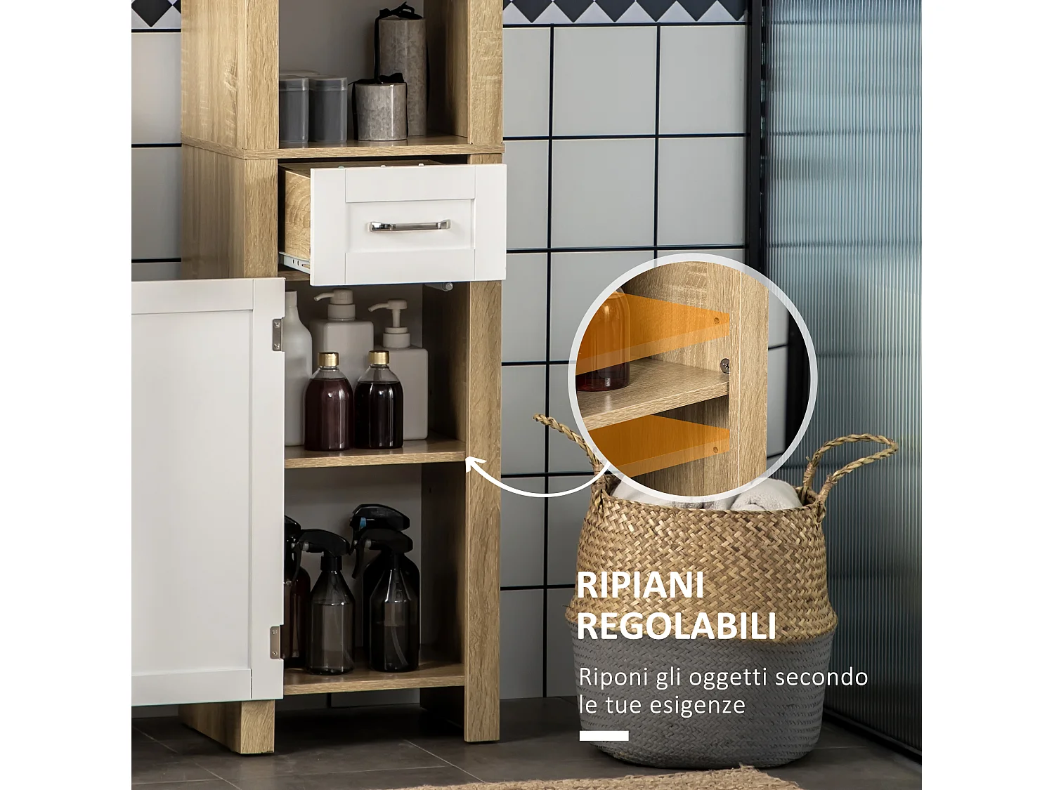 Mobile bagno alto con cassetto 2 armadietti 2 ripiani aperti