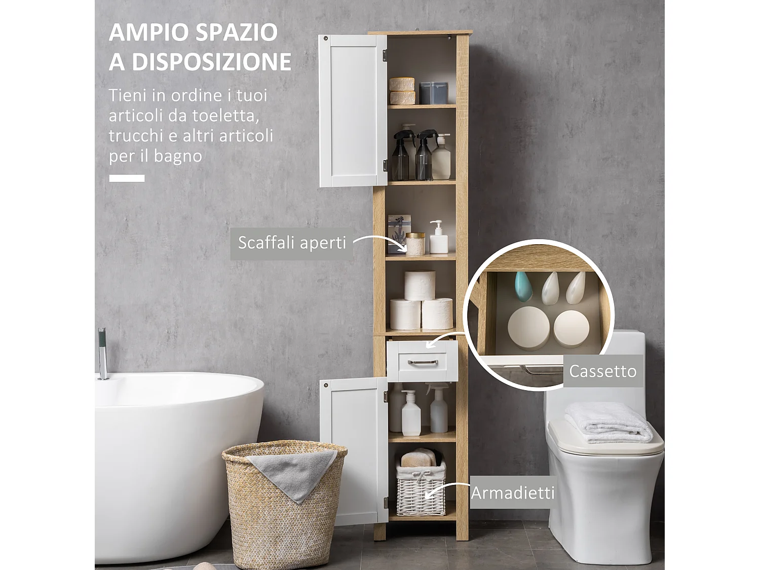 Mobile bagno alto con cassetto 2 armadietti 2 ripiani aperti