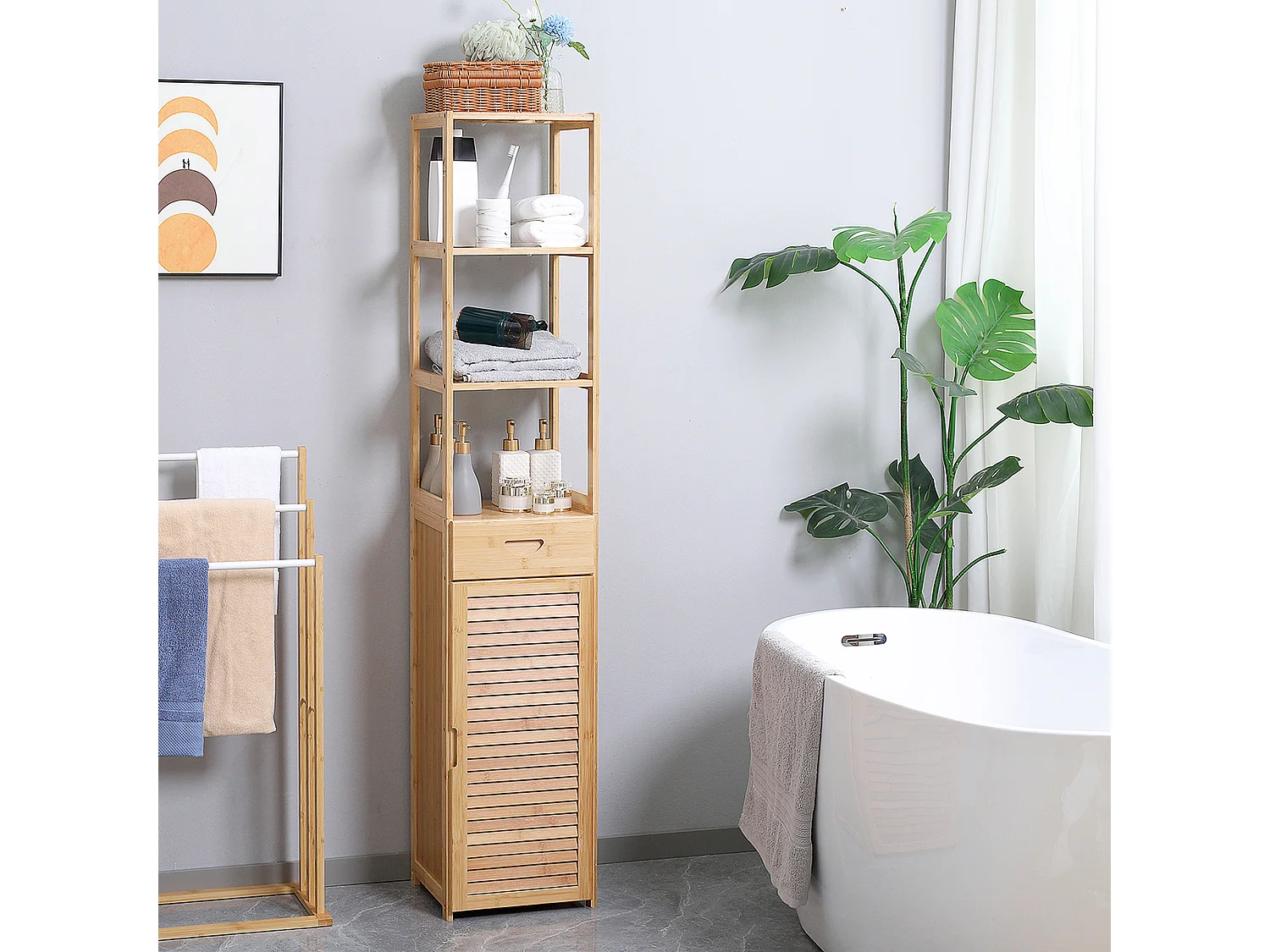 Mobile bagno con 3 ripiani aperti un cassetto e un armadietto