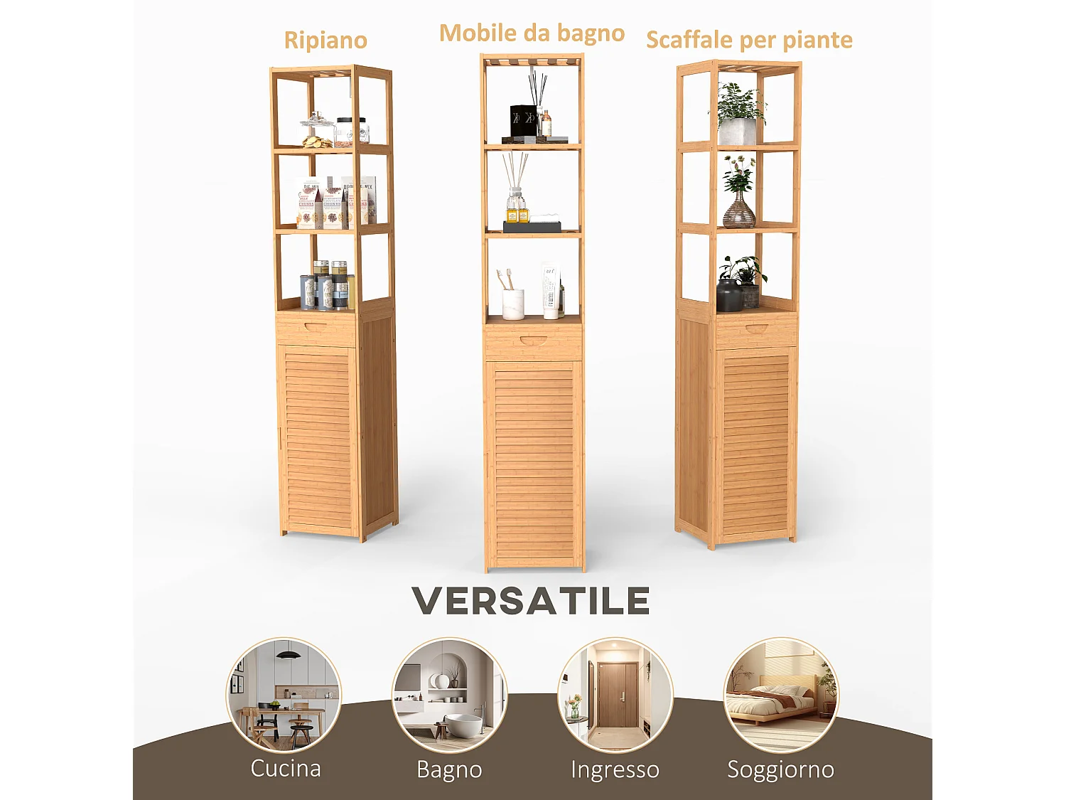 Mobile bagno con 3 ripiani aperti un cassetto e un armadietto