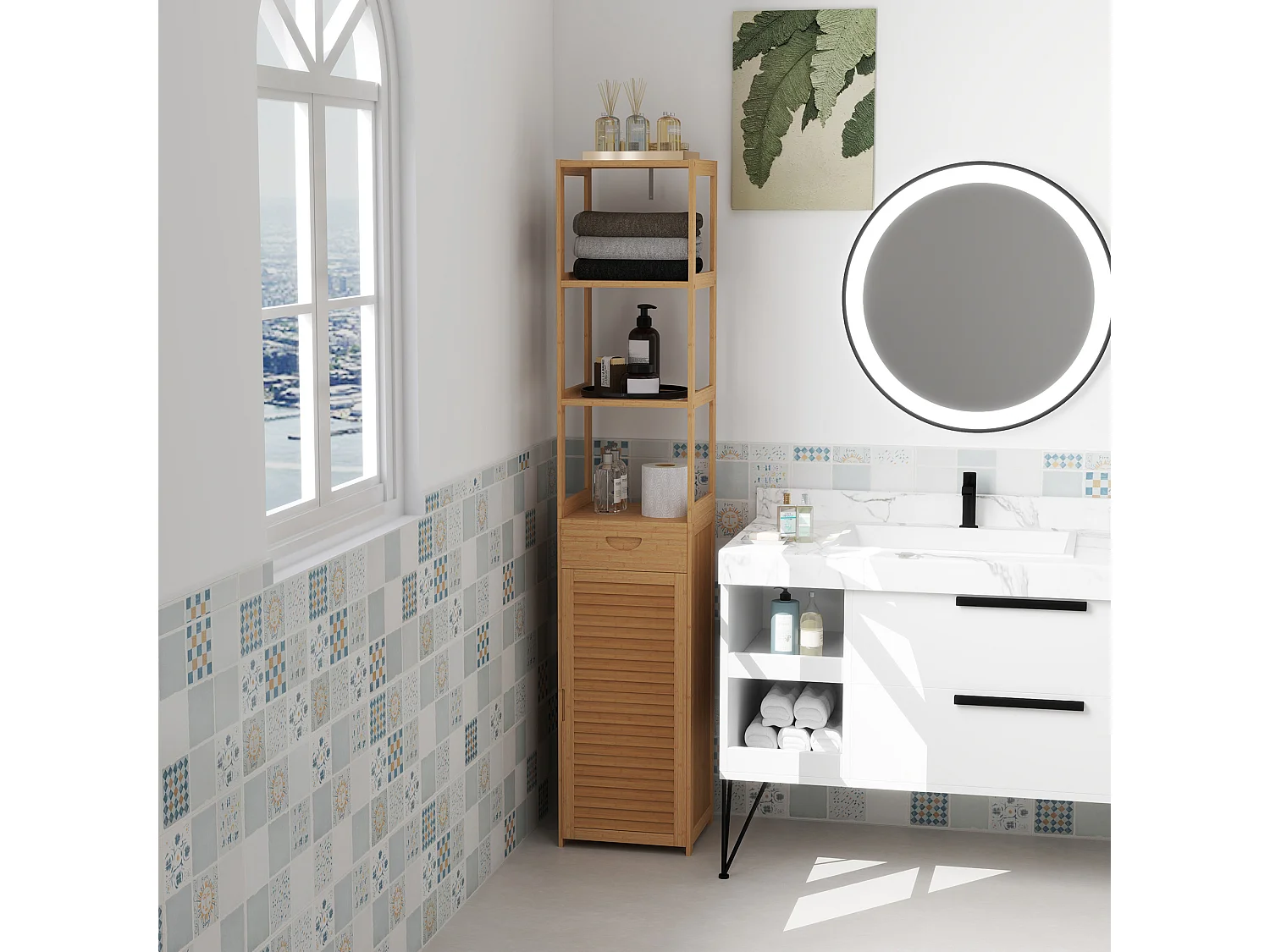 Mobile bagno con 3 ripiani aperti un cassetto e un armadietto