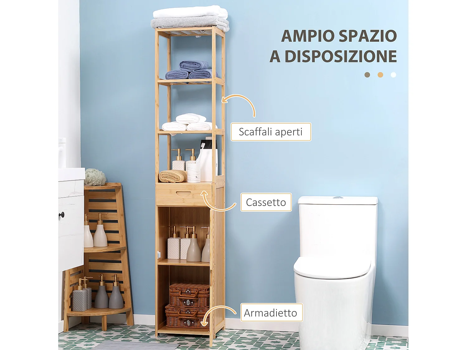 Mobile bagno con 3 ripiani aperti un cassetto e un armadietto