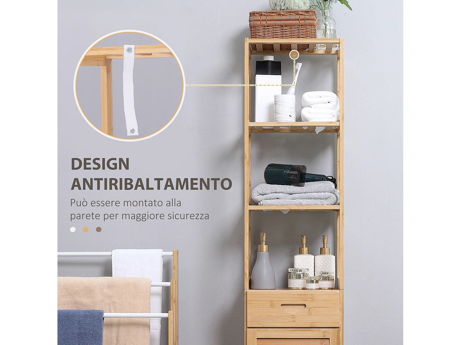 Mobile bagno con 3 ripiani aperti un cassetto e un armadietto