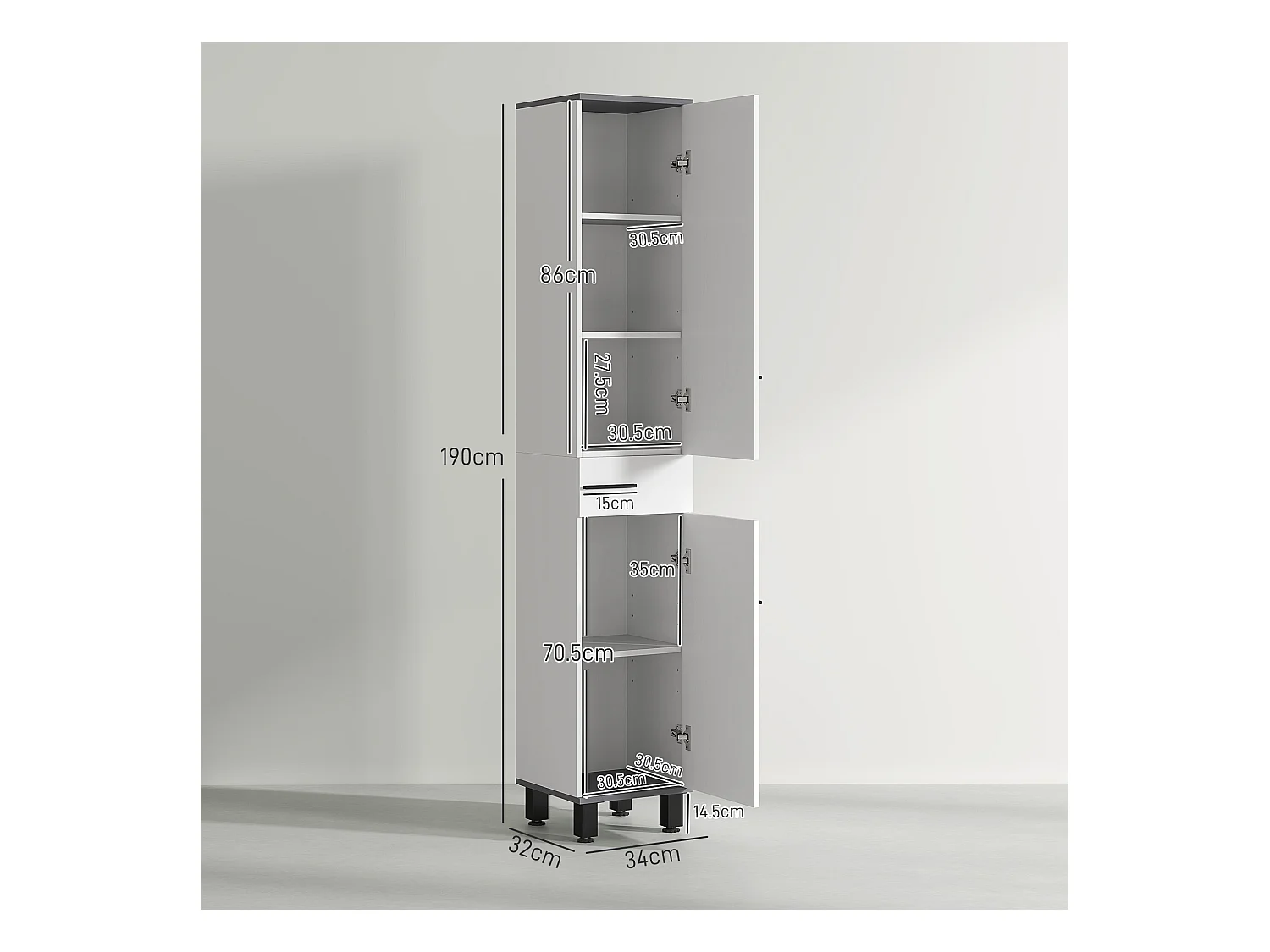 Colonna bagno con cassetto e 2 armadietti ripiano regolabile bianco