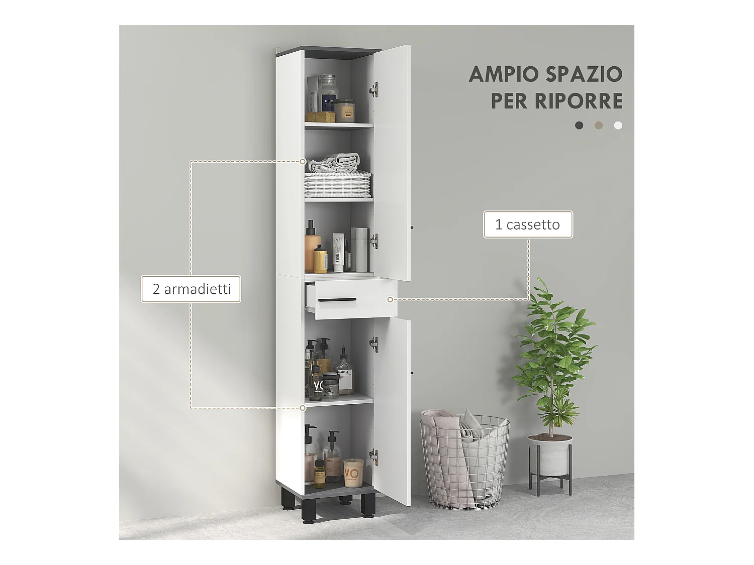 Colonna bagno con cassetto e 2 armadietti ripiano regolabile bianco