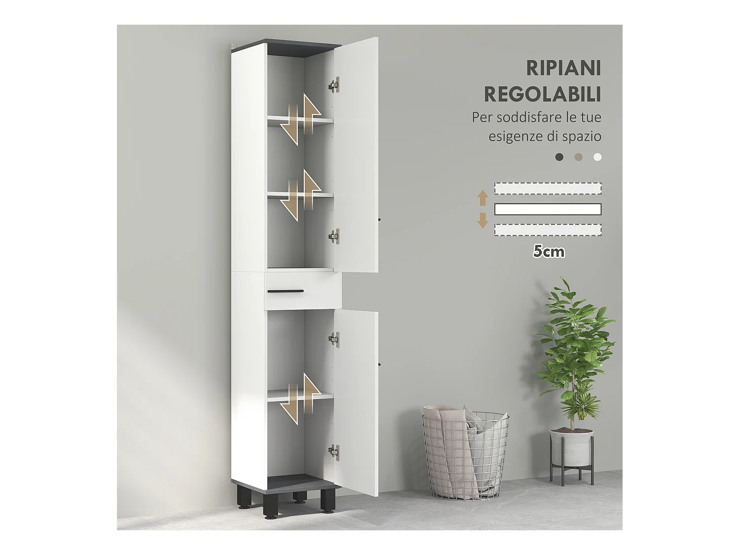 Colonna bagno con cassetto e 2 armadietti ripiano regolabile bianco