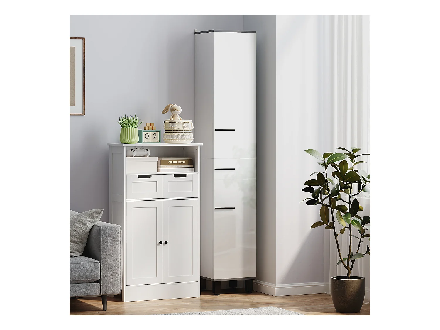 Colonna bagno con cassetto e 2 armadietti ripiano regolabile bianco