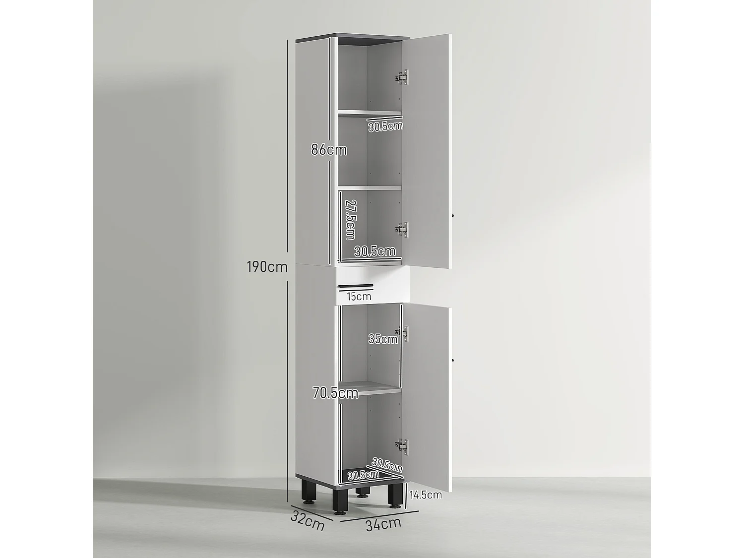 Colonna bagno con cassetto e 2 armadietti ripiano regolabile bianco