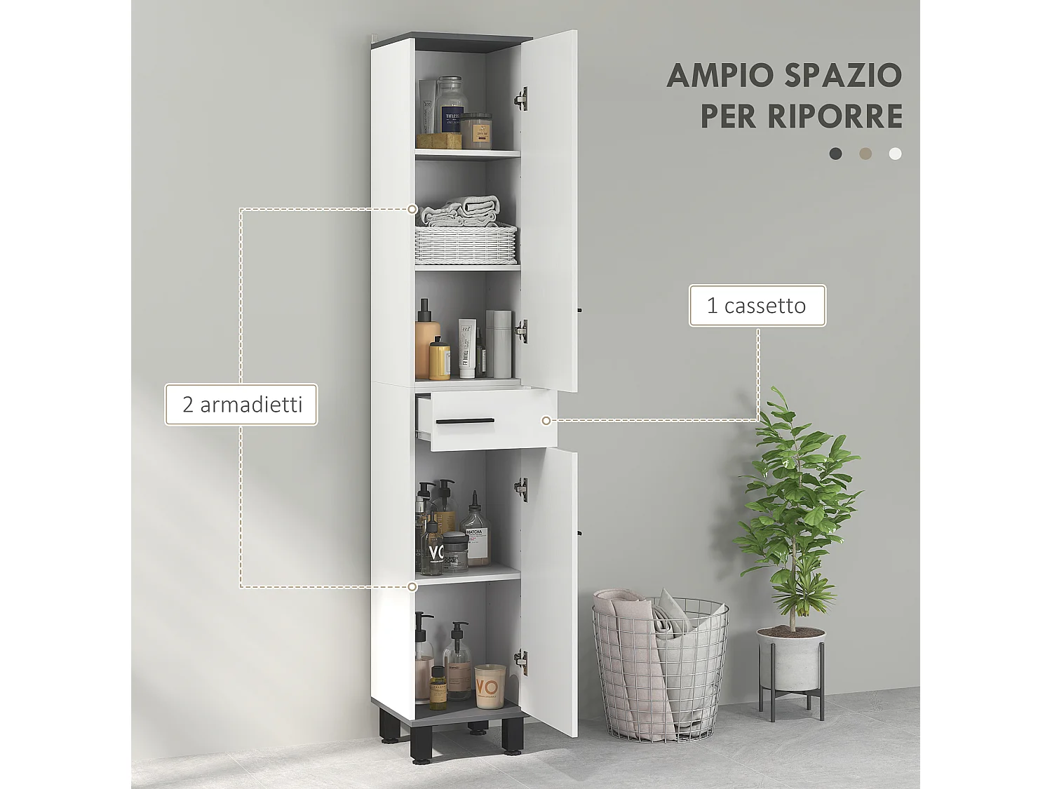Colonna bagno con cassetto e 2 armadietti ripiano regolabile bianco