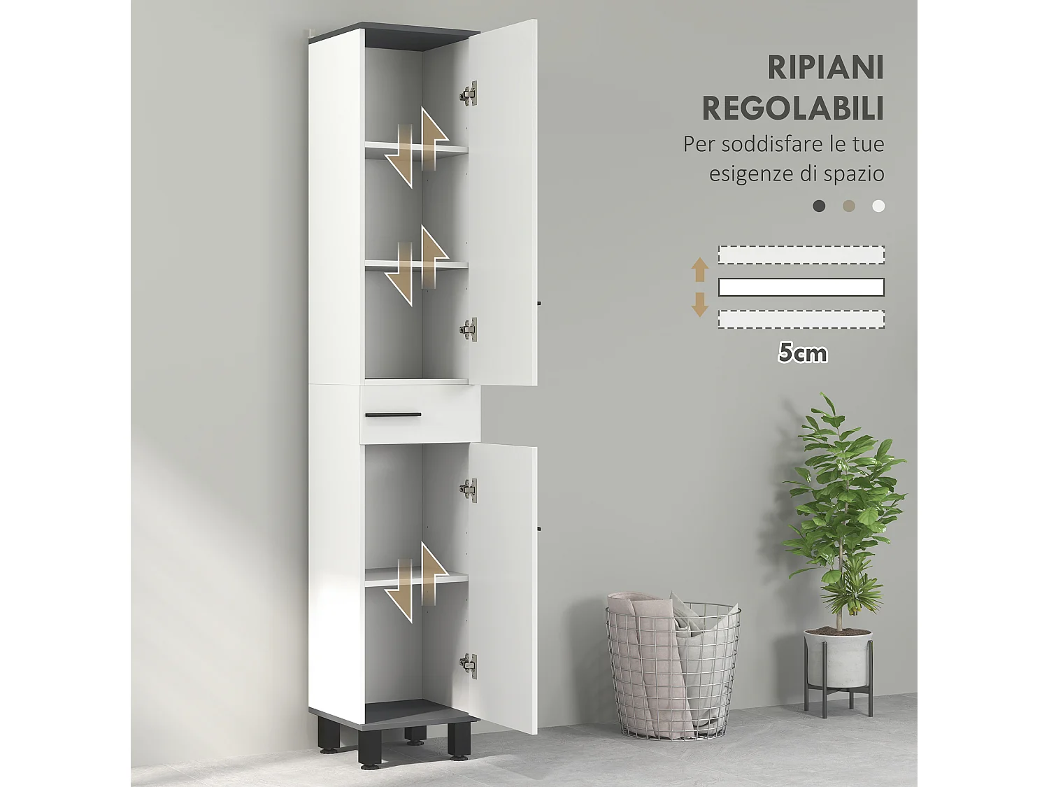 Colonna bagno con cassetto e 2 armadietti ripiano regolabile bianco