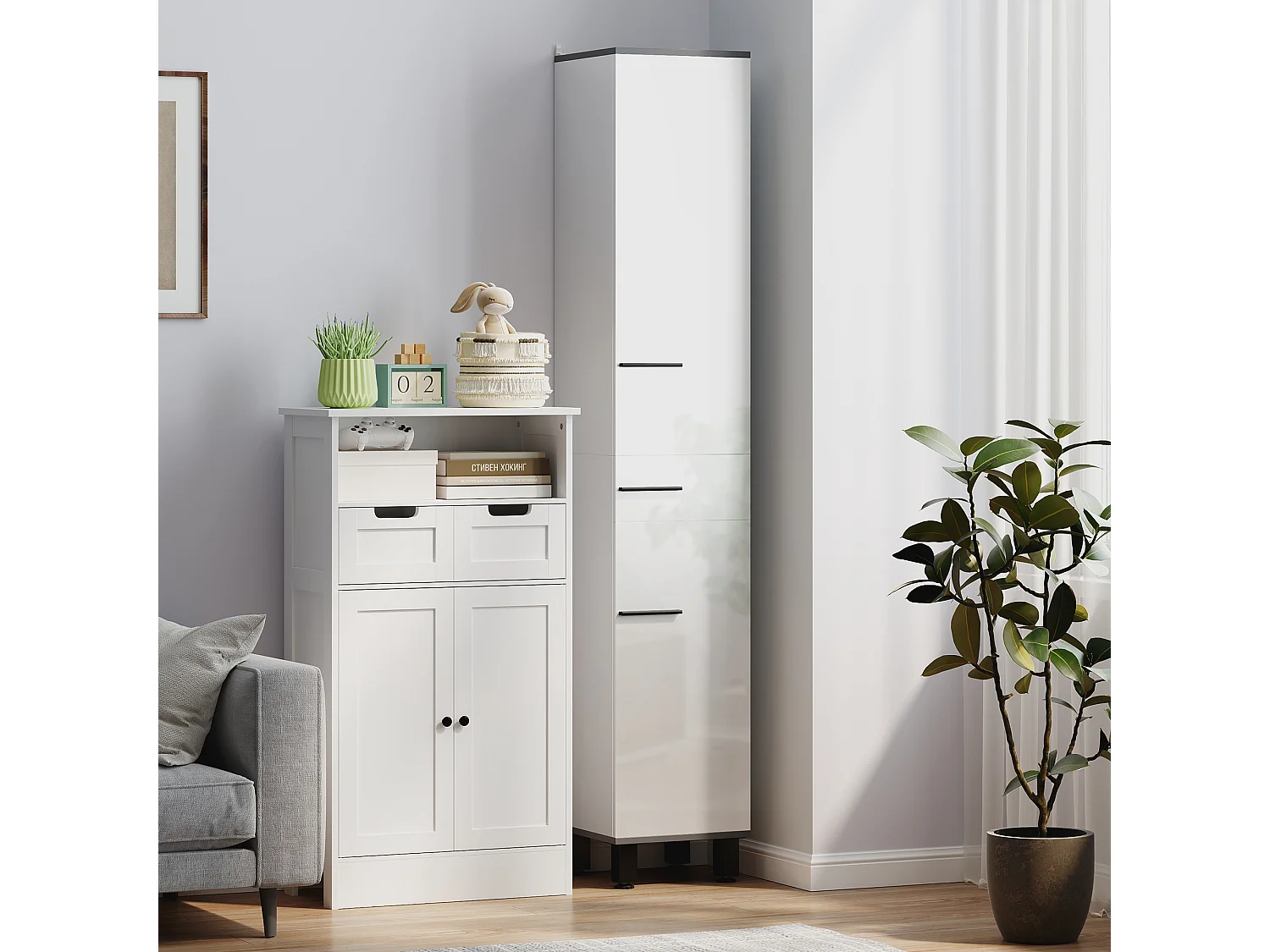 Colonna bagno con cassetto e 2 armadietti ripiano regolabile bianco