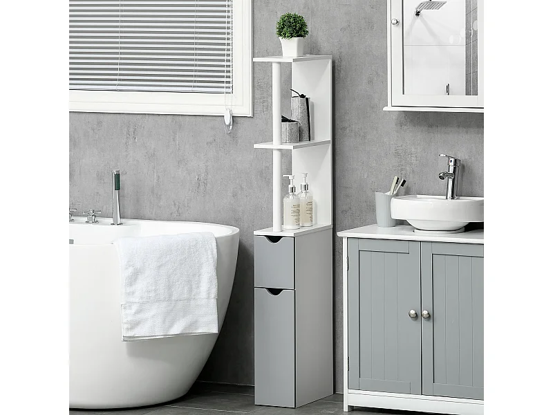 Colonna bagno con 2 ripiani e 2 armadietti bianco e grigio