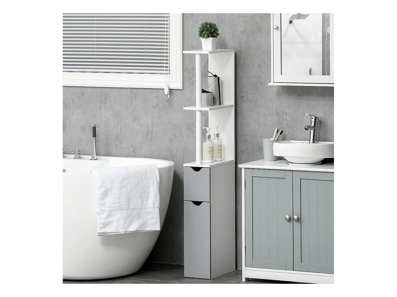 Colonna bagno con 2 ripiani e 2 armadietti bianco e grigio