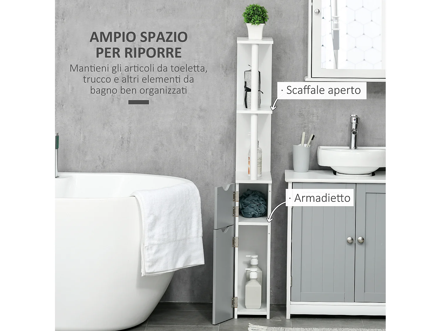Colonna bagno con 2 ripiani e 2 armadietti bianco e grigio