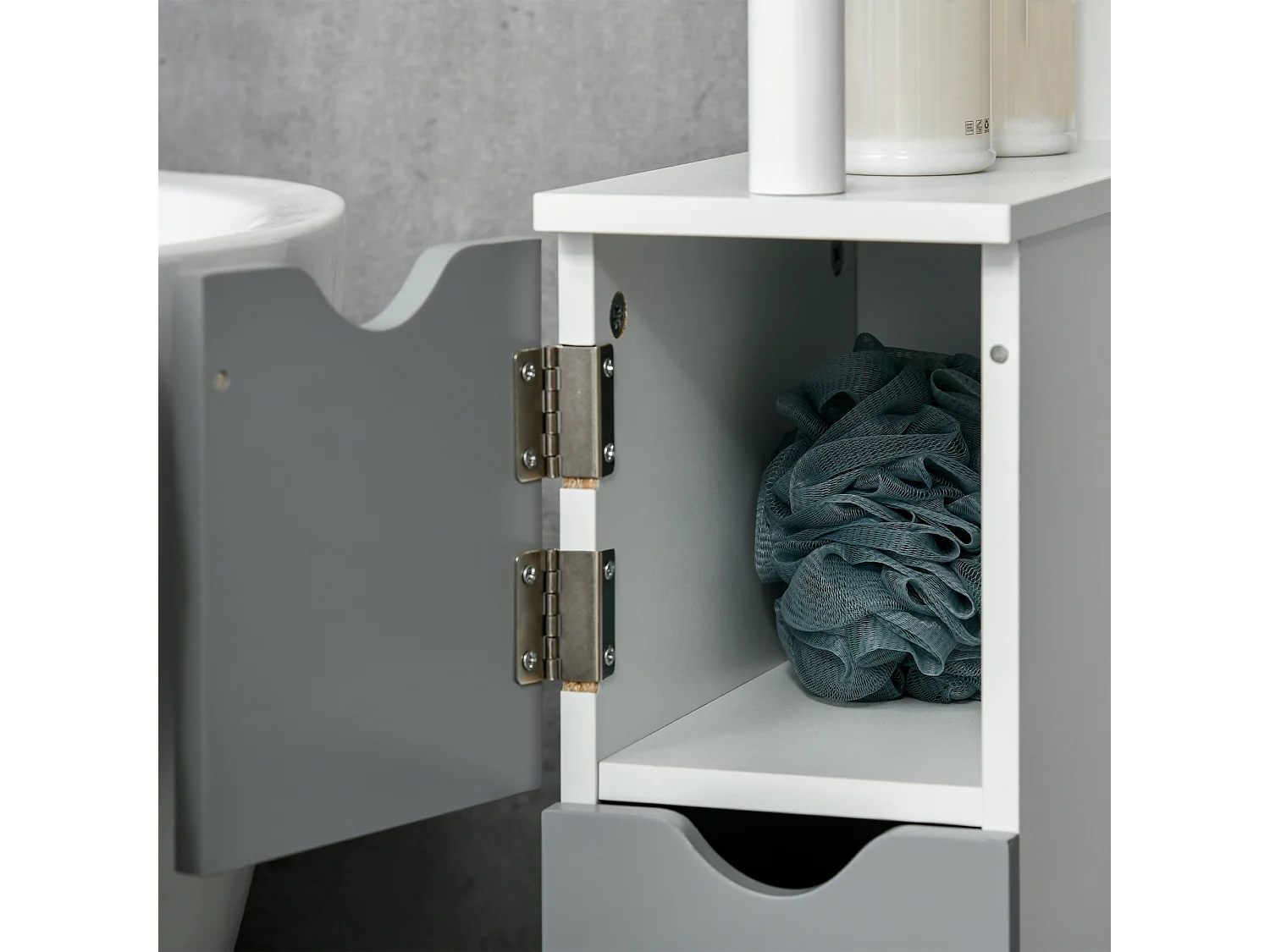 Colonna bagno con 2 ripiani e 2 armadietti bianco e grigio