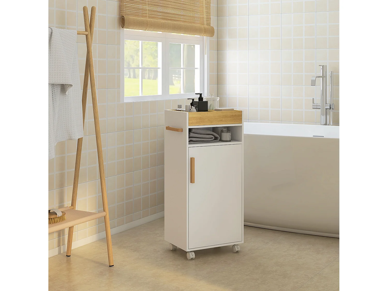 Mobiletto bagno con vassoio ripiano armadietto chiuso bianco