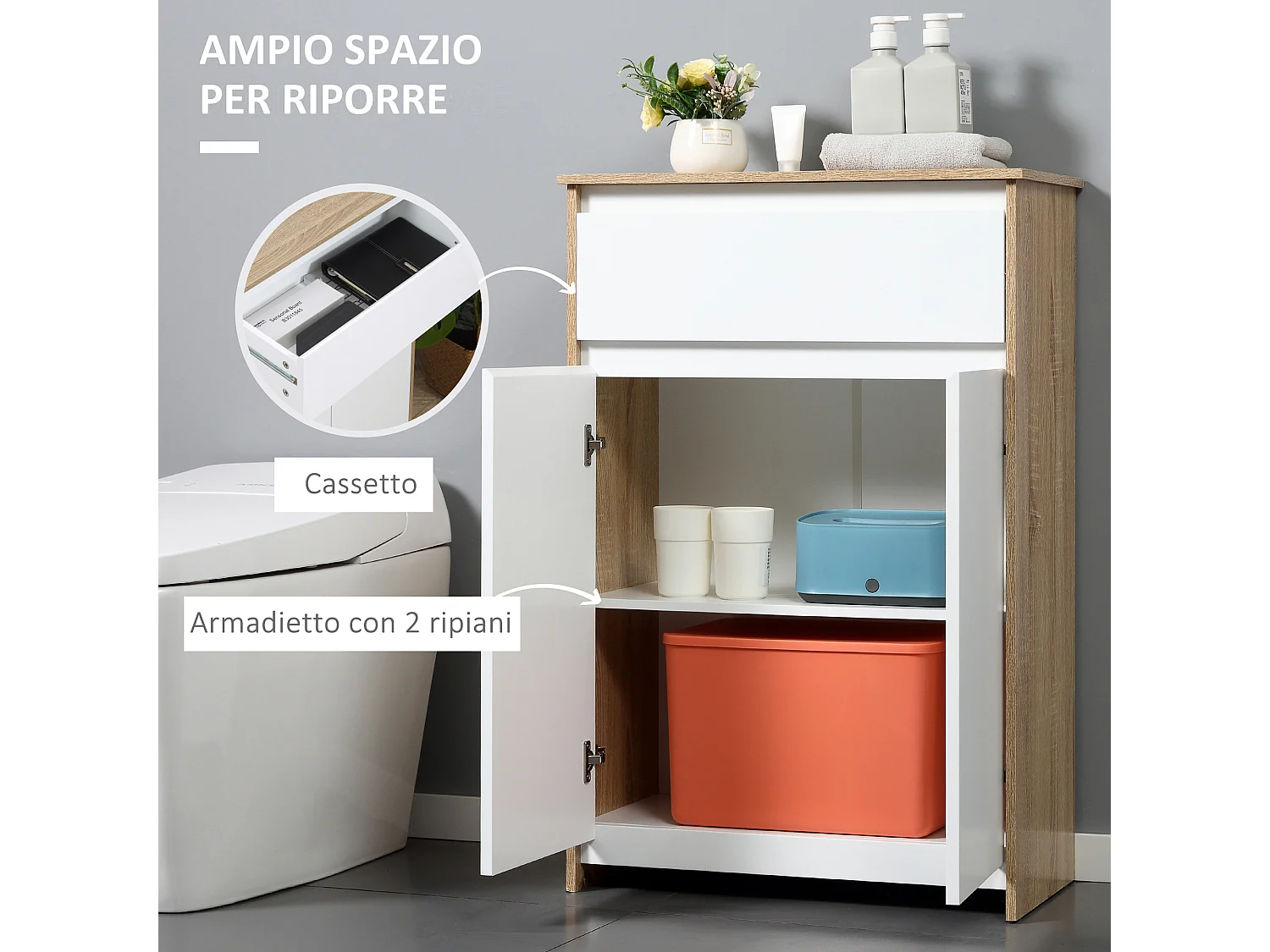 Mobile bagno multiuso mobiletto salvaspazio in legno