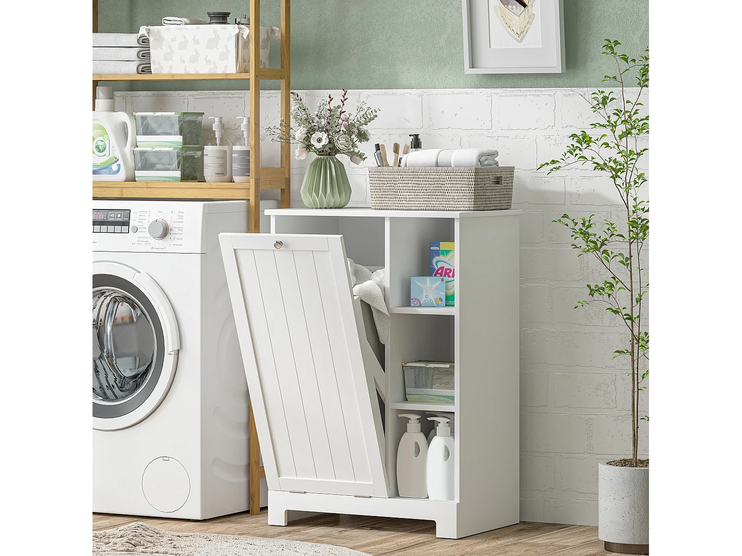 Mobile portabiancheria con cesto rimovibile e ripiani bianco