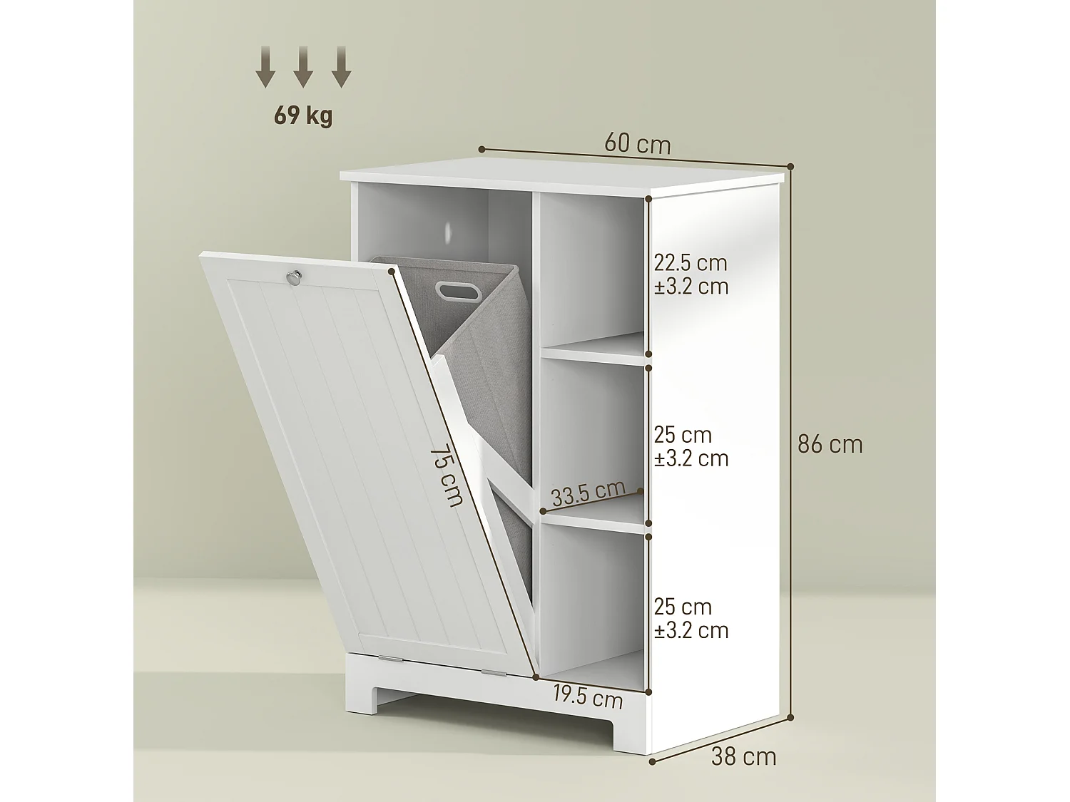 Mobile portabiancheria con cesto rimovibile e ripiani bianco