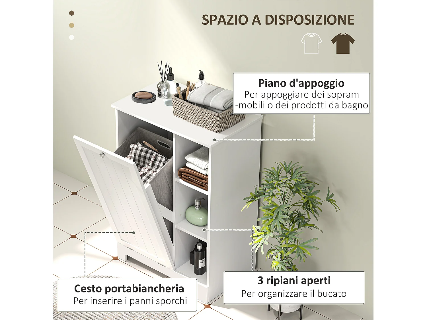 Mobile portabiancheria con cesto rimovibile e ripiani bianco