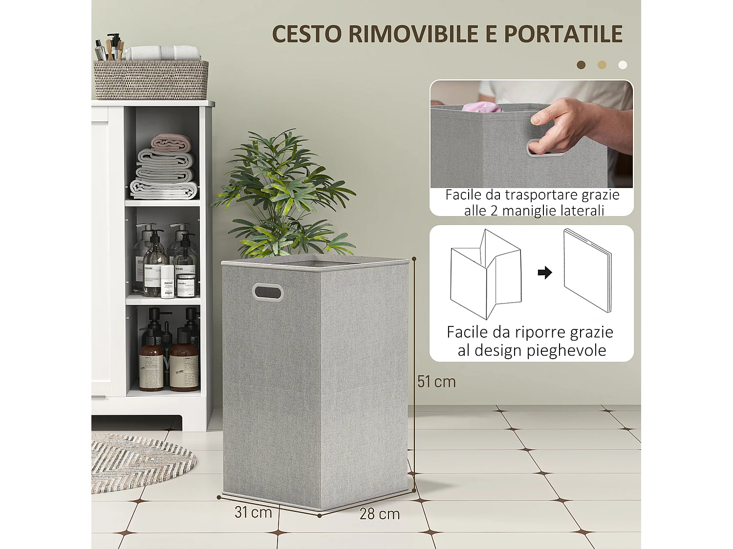 Mobile portabiancheria con cesto rimovibile e ripiani bianco