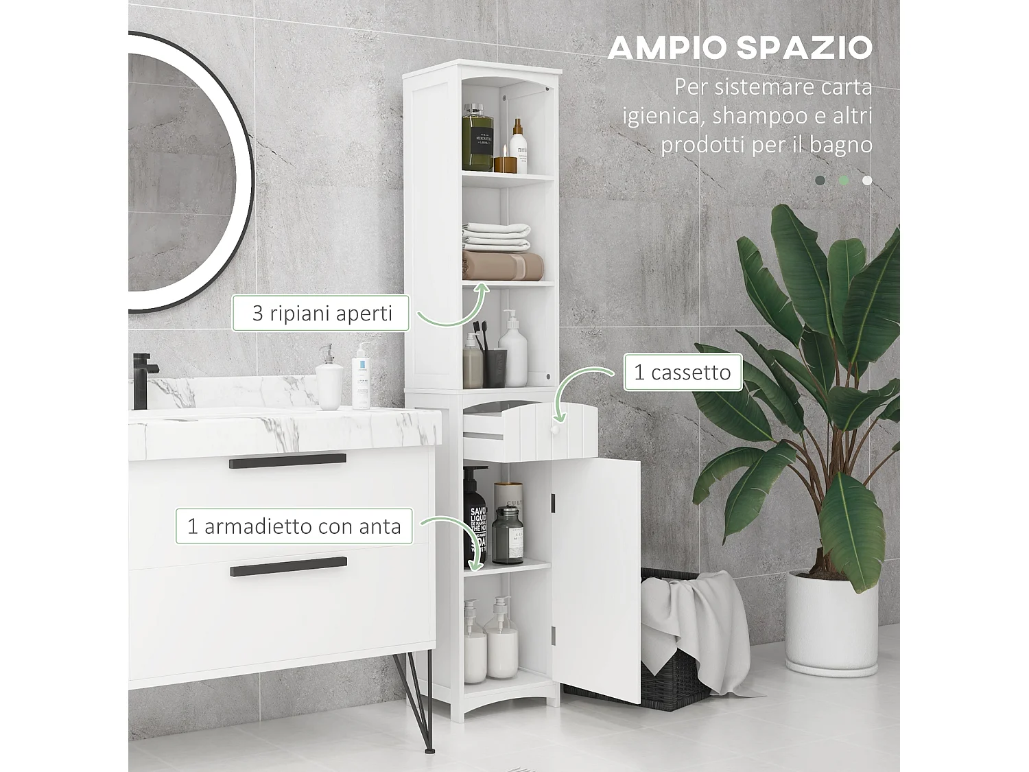 Mobiletto a colonna per bagno con 3 ripiani in mdf bianco