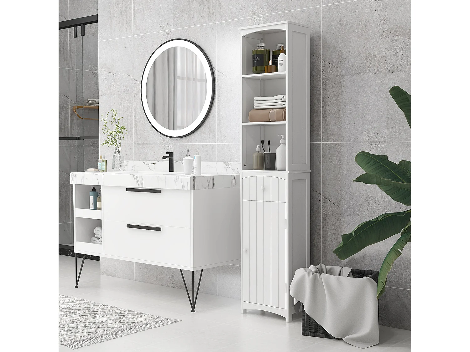 Mobiletto a colonna per bagno con 3 ripiani in mdf bianco