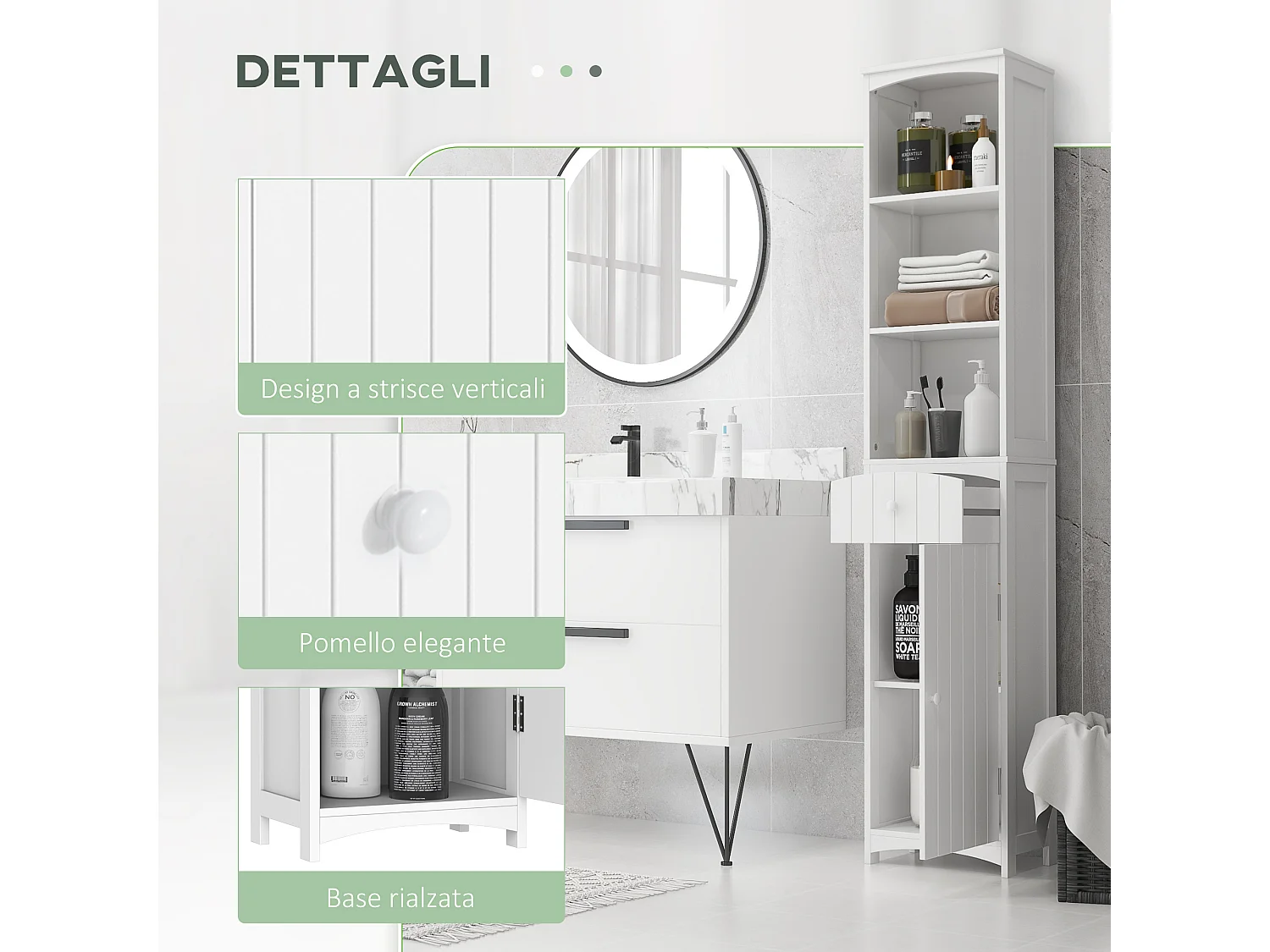 Mobiletto a colonna per bagno con 3 ripiani in mdf bianco