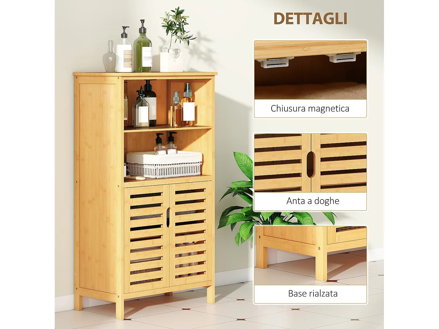 Mobiletto bagno con armadietto 2 ante e 2 ripiani aperti in legno