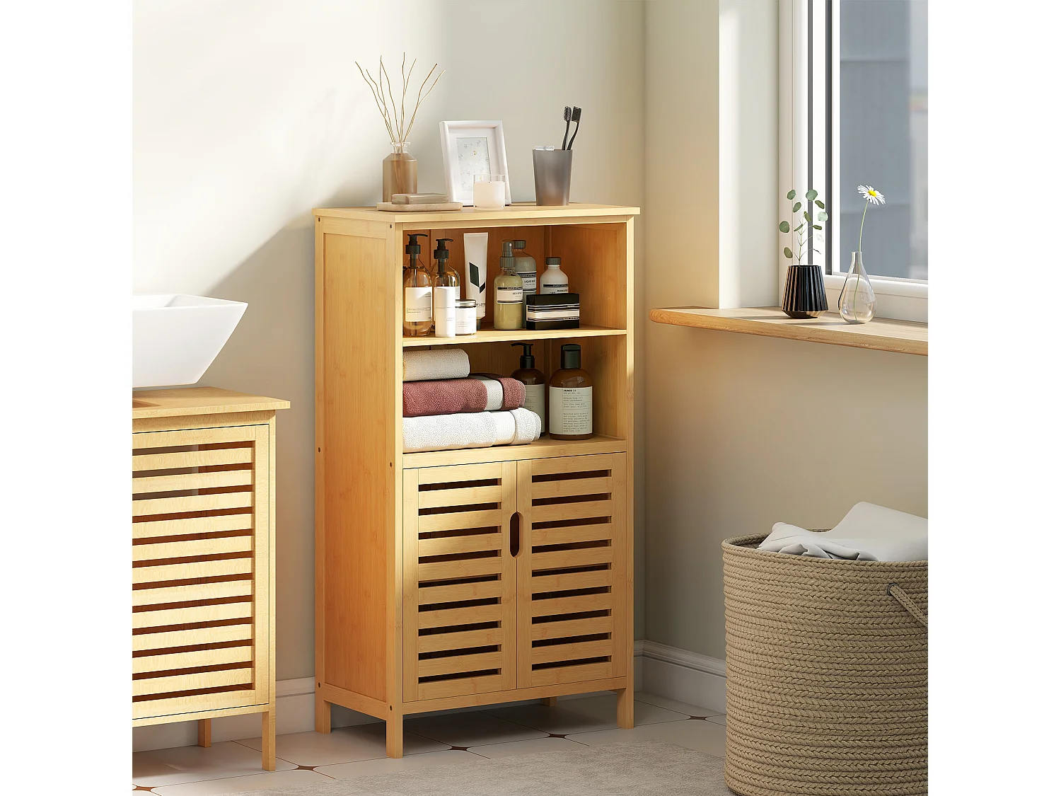 Mobiletto bagno con armadietto 2 ante e 2 ripiani aperti in legno