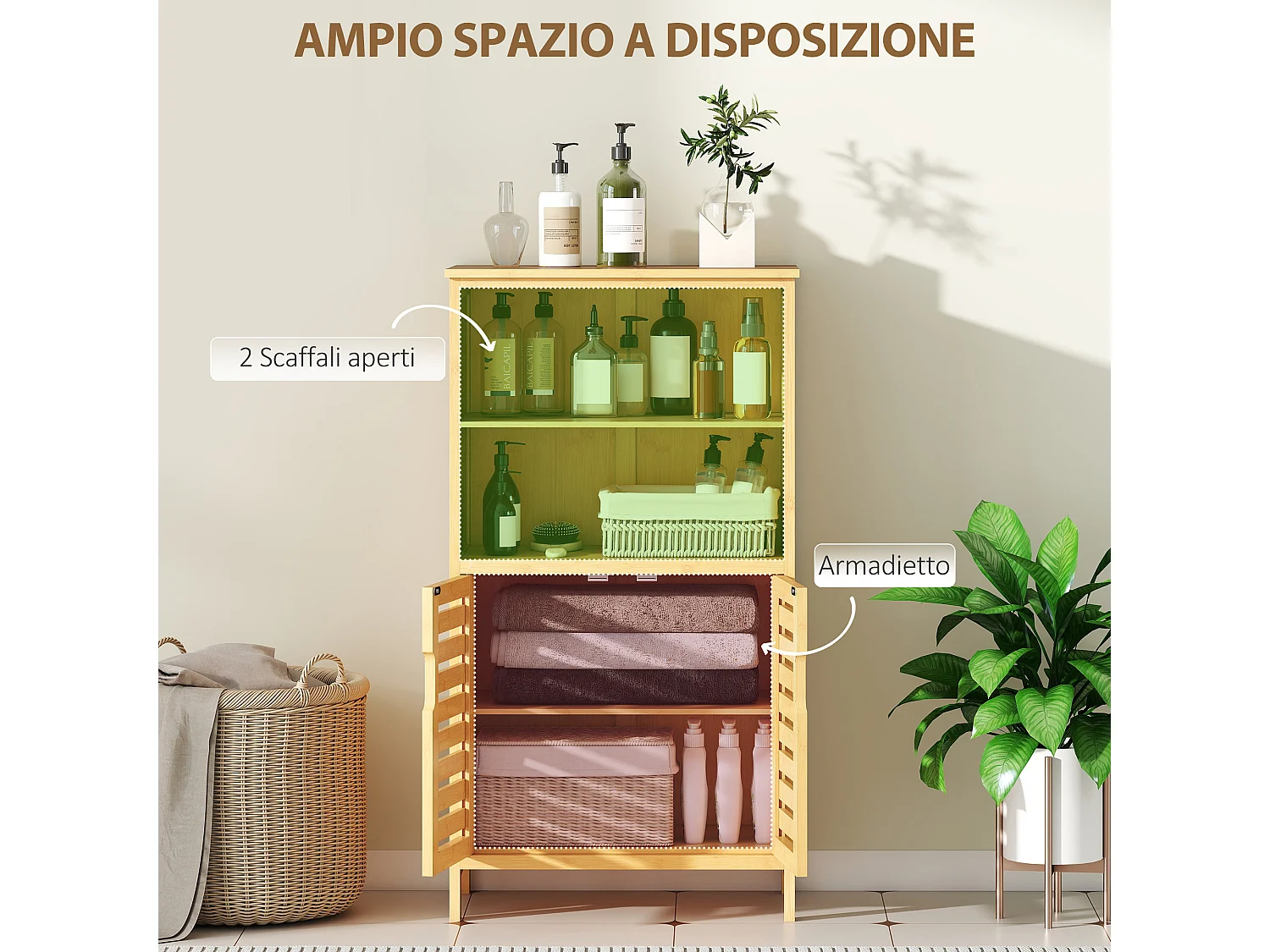 Mobiletto bagno con armadietto 2 ante e 2 ripiani aperti in legno