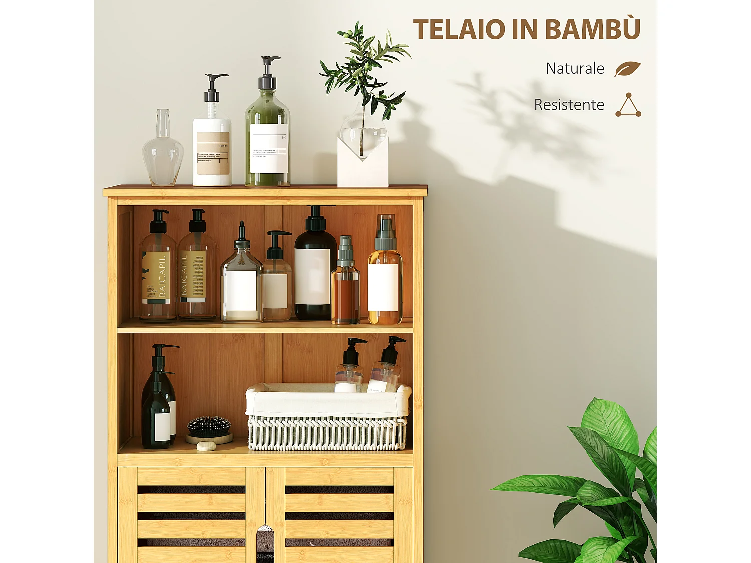 Mobiletto bagno con armadietto 2 ante e 2 ripiani aperti in legno